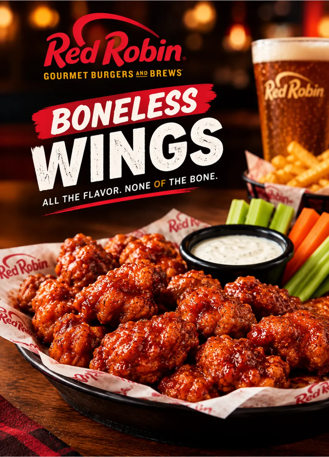 Red Robin Boneless Wings served with dipping sauce