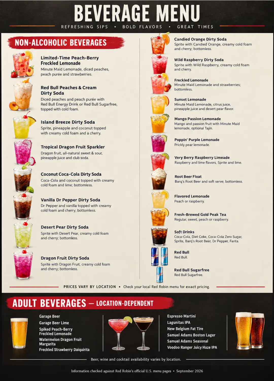 Red Robin drinks menu with prices in the USA 2026