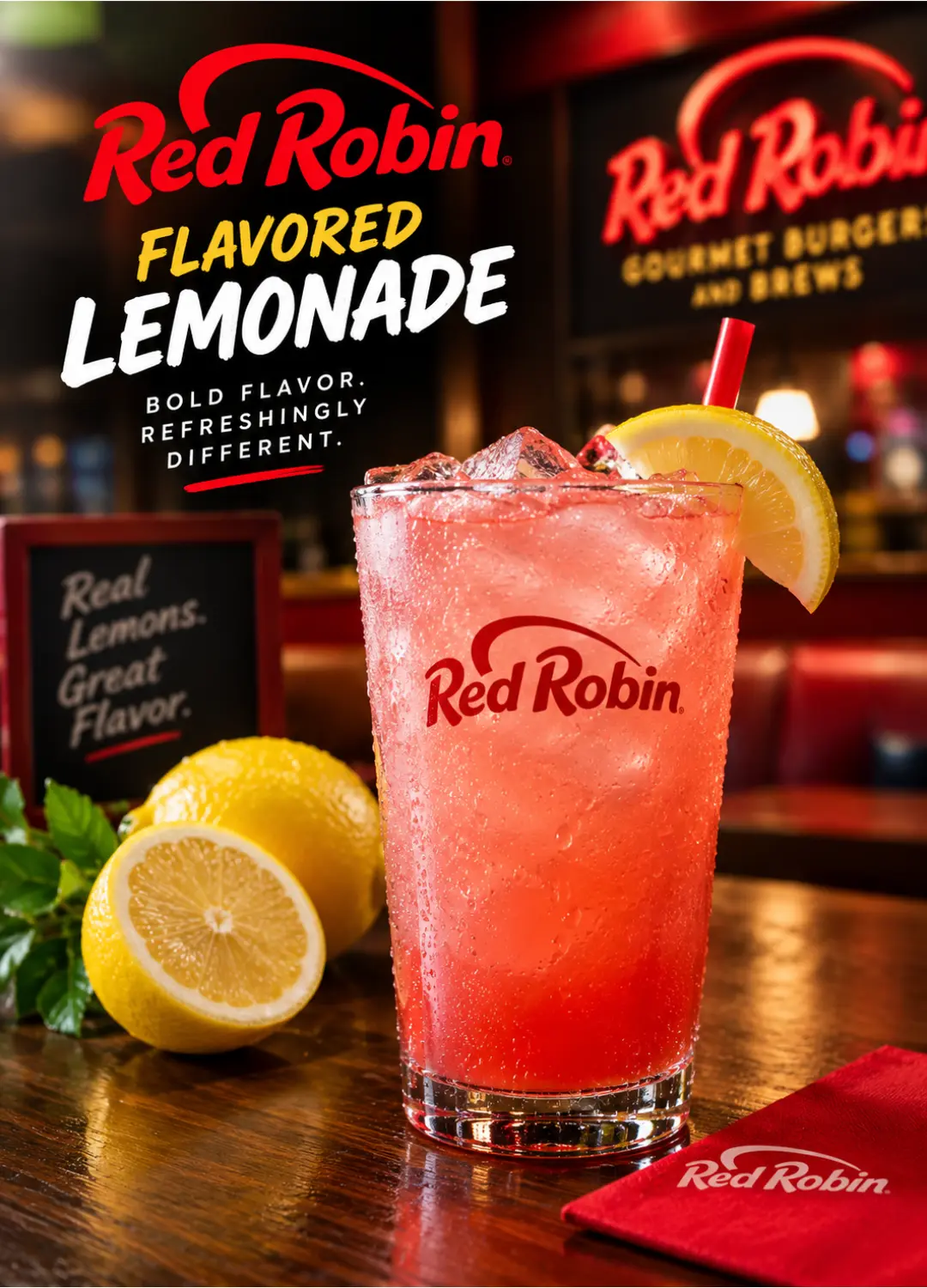 Glass of Red Robin Flavored Lemonade with peach and raspberry flavors