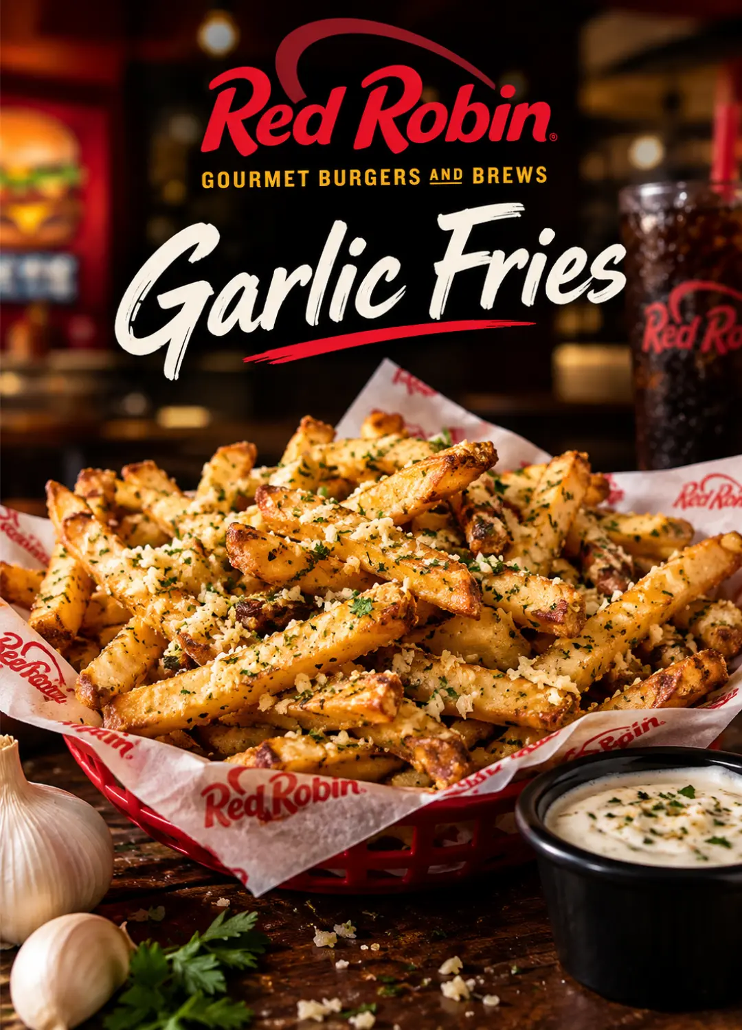 Basket of Red Robin Garlic Fries topped with parmesan cheese