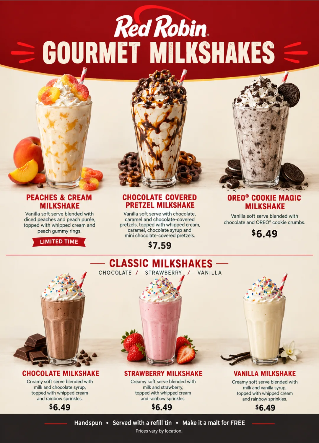 Red Robin milkshakes menu with prices