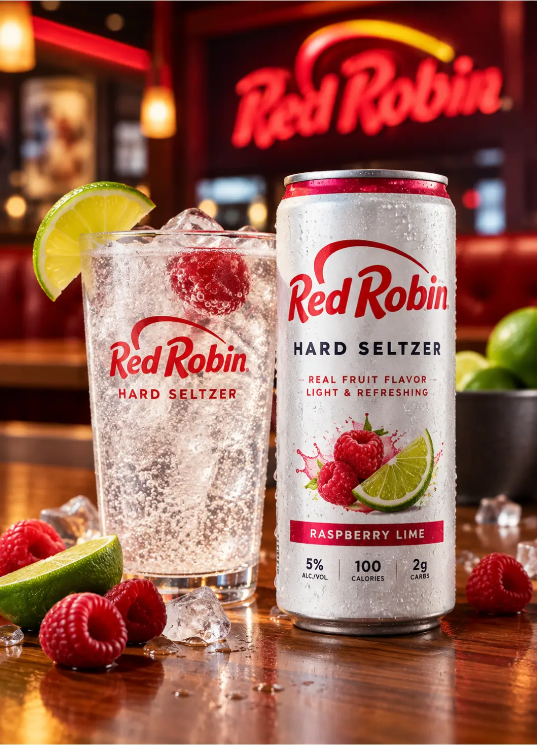Can of Red Robin hard seltzer served with a burger and fries