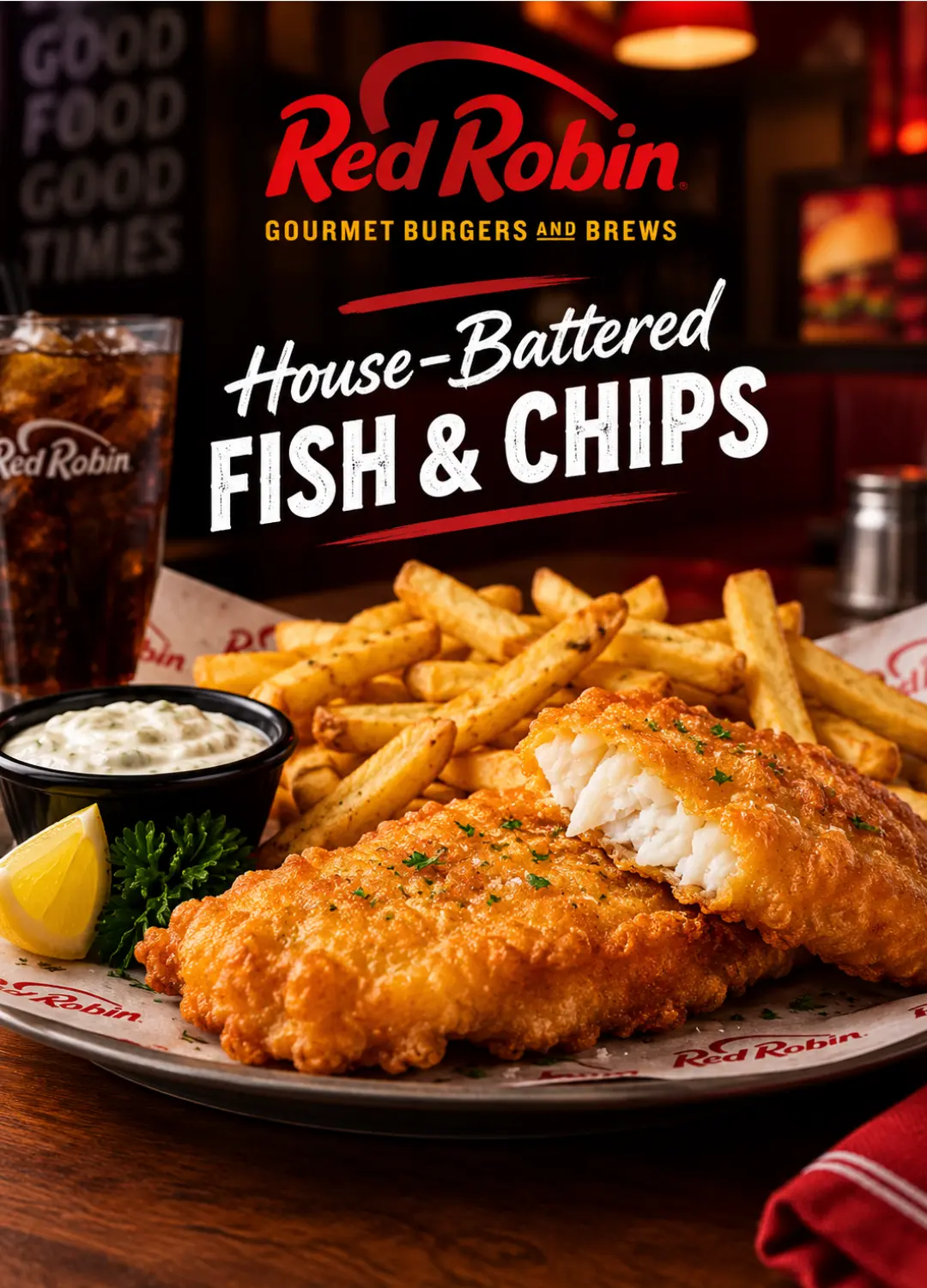 Red Robin House-Battered Fish and Chips with tartar sauce, coleslaw and steak fries