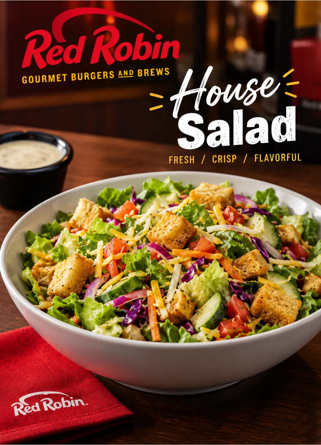 Red Robin House Salad with mixed greens, tomato, cucumber, cheddar cheese and croutons