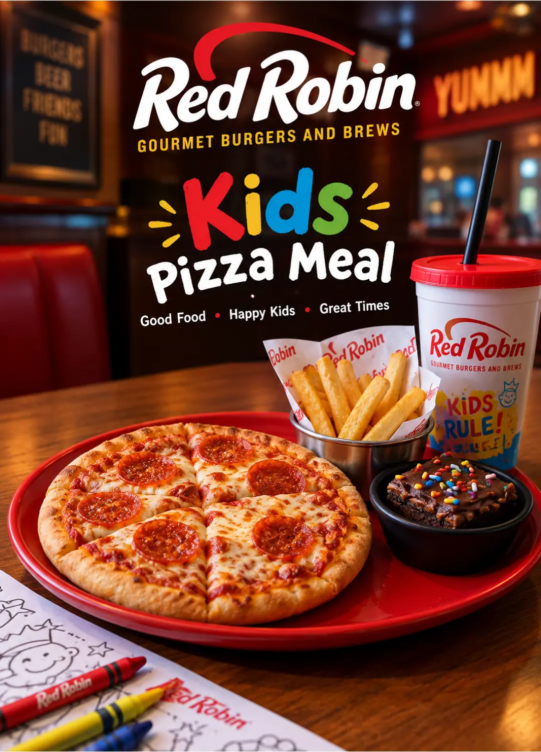 Red Robin Kids Pizza Meal with a 7-inch pizza, steamed broccoli, and a purple lemonade