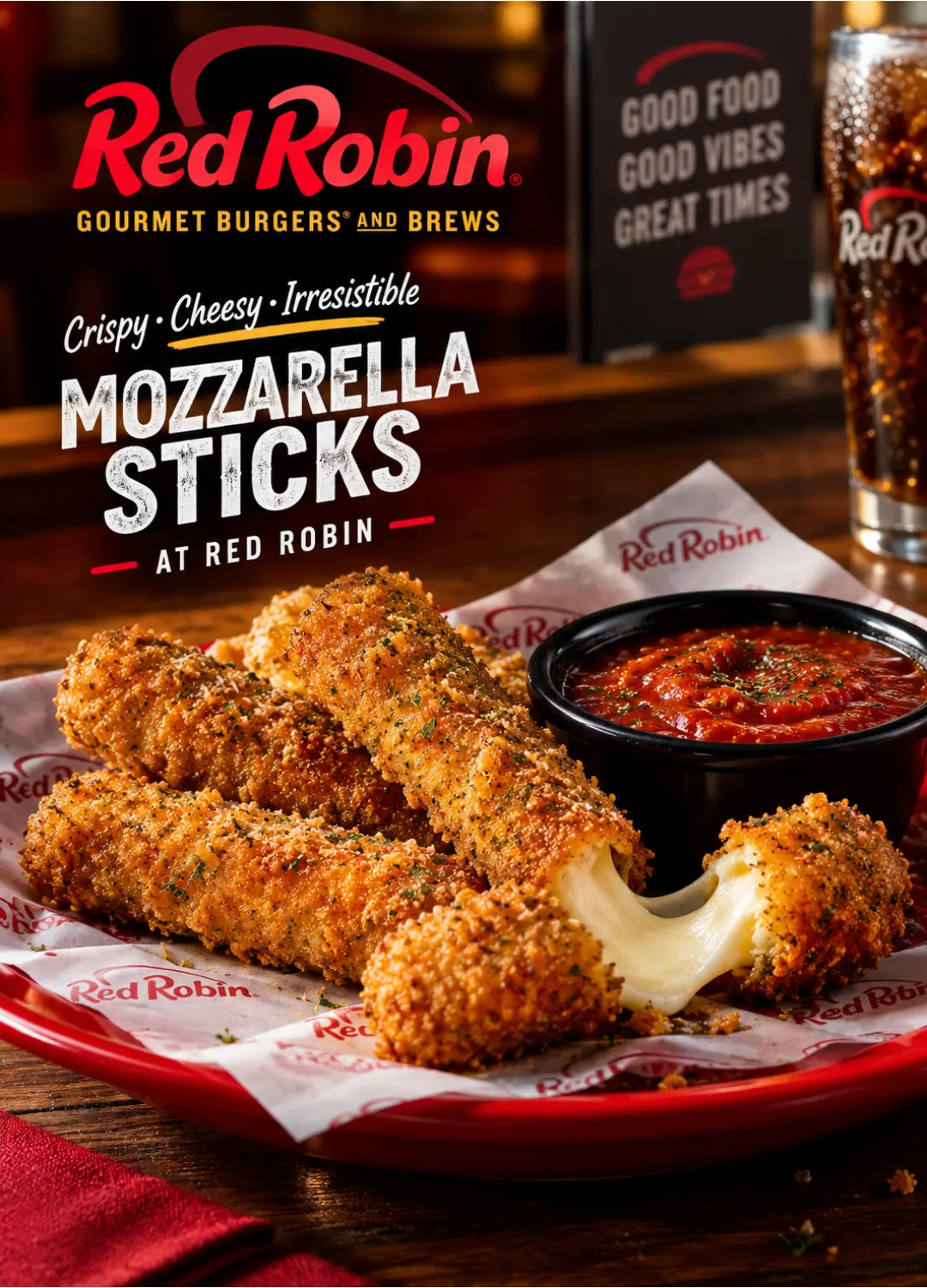 Red Robin Mozzarella Sticks served with marinara sauce