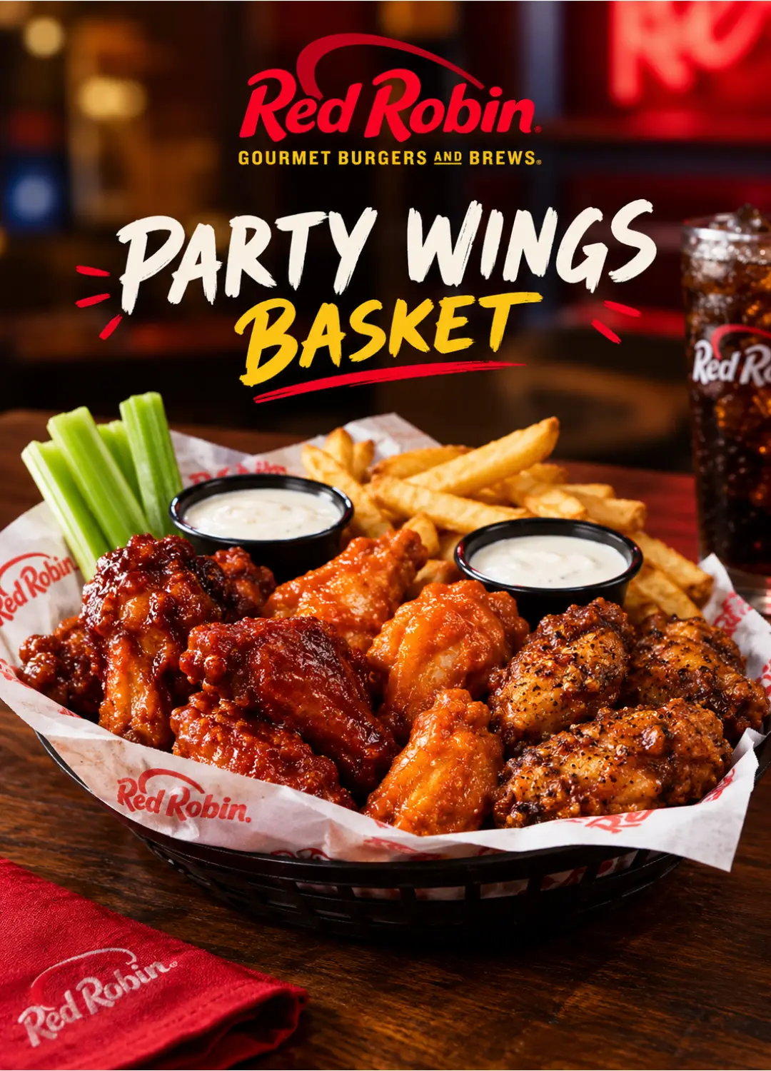 Red Robin party wings basket with saucy bone-in wings and Yukon chips