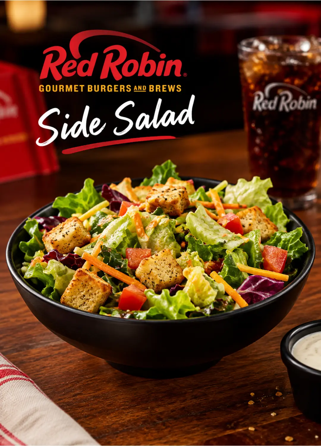Red Robin Side Salad with mixed greens, tomato, cucumber and cheddar cheese