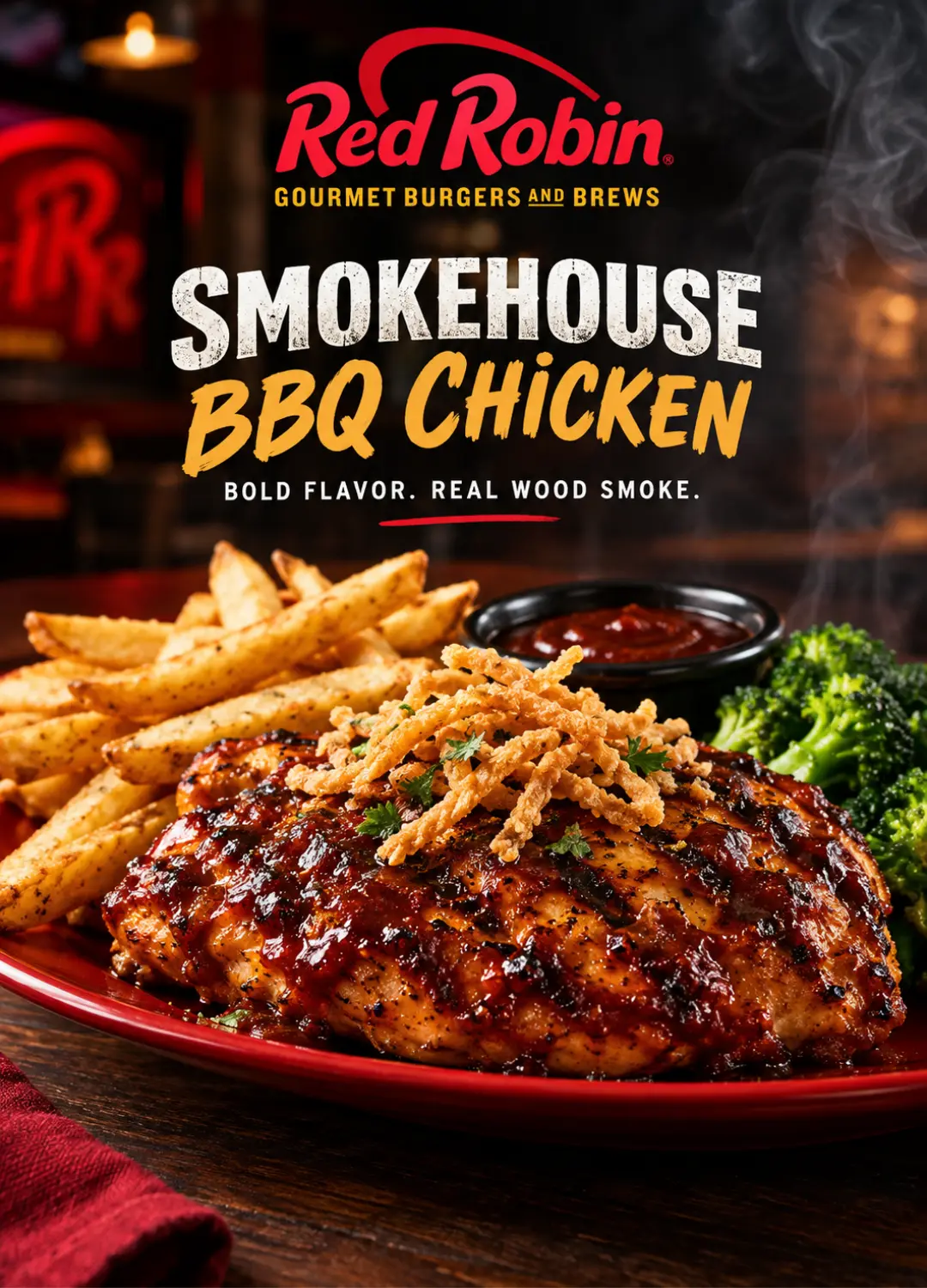 Red Robin Smokehouse BBQ Chicken entree with grilled chicken, BBQ sauce, cheese, and onion straws