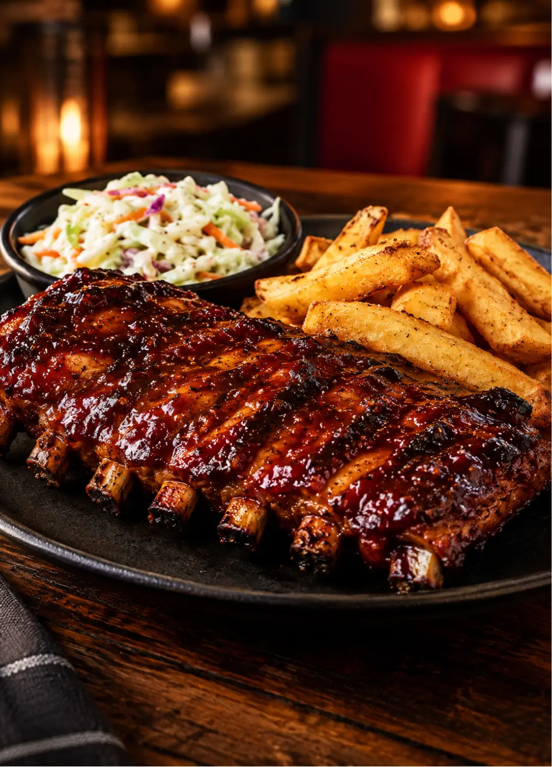 Red Robin Steakhouse Rib Plate with half rack ribs, coleslaw, and steak fries