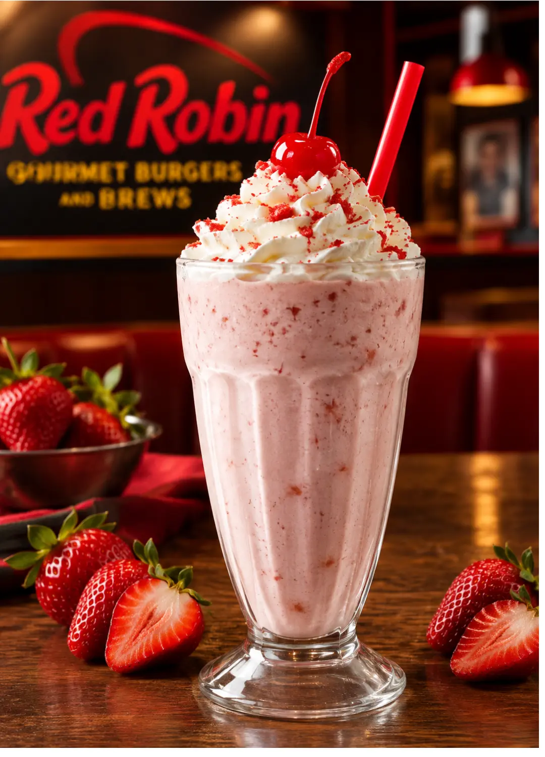 Red Robin Strawberry Milkshake topped with whipped cream and rainbow sprinkles in a tall glass