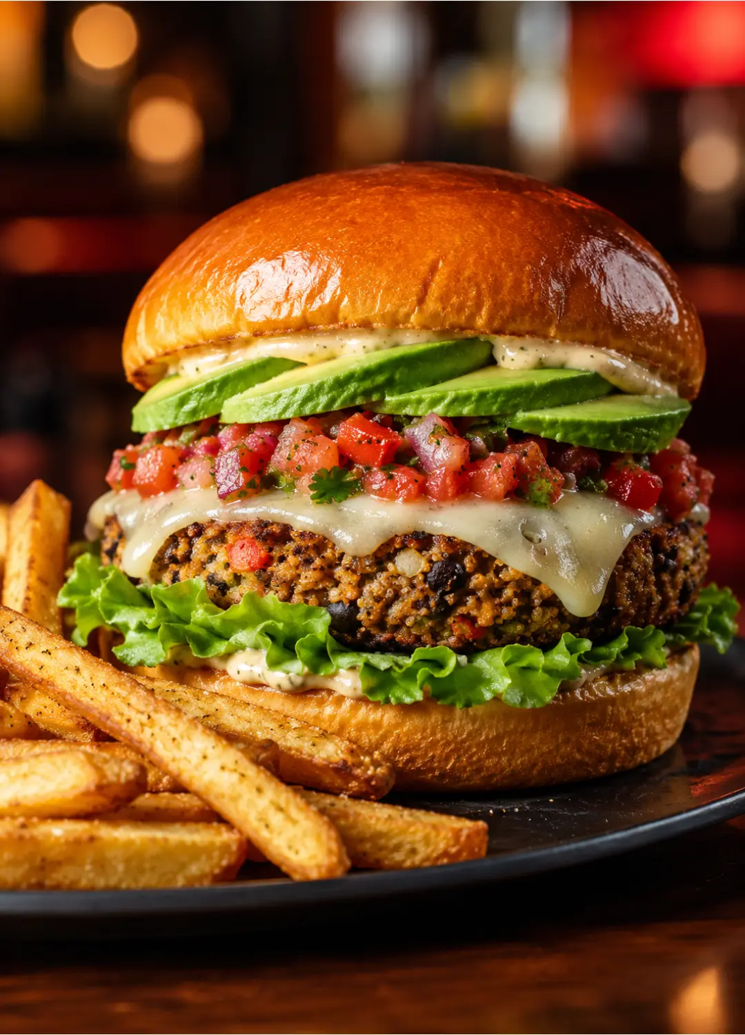 Red Robin Veggie Burger served with roasted garlic aioli, sliced avocado, and Swiss cheese on a brioche bun