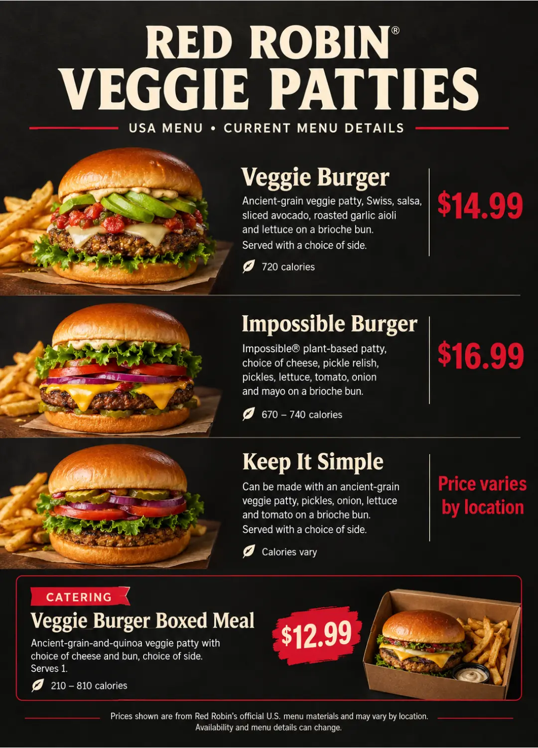 Red Robin veggie patties menu with prices in the USA 2026