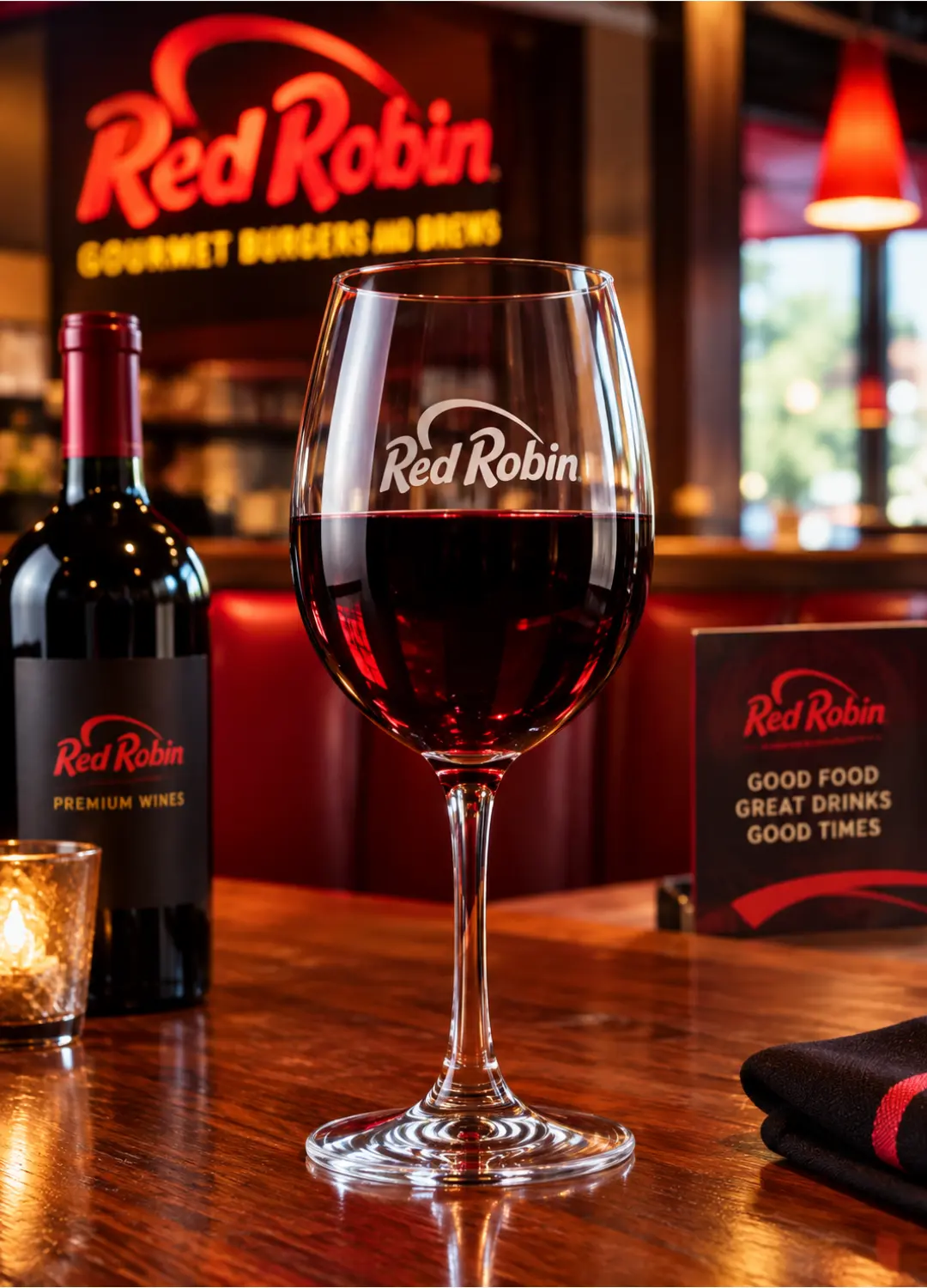 A glass of red wine served at a Red Robin restaurant table next to a burger