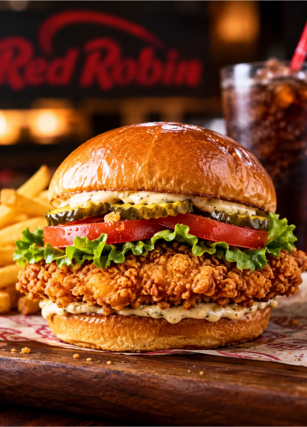 Red Robin Crispy Chicken Sandwich with pickles, lettuce, and tomato on a brioche bun