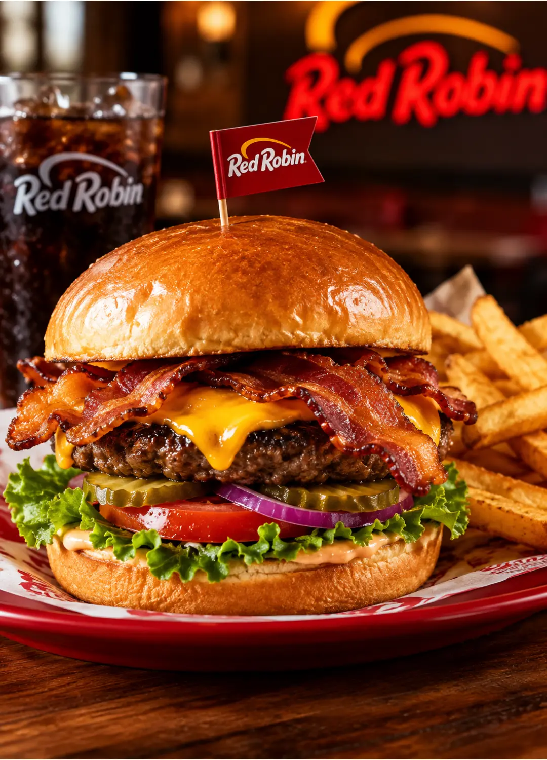 Red Robin Bacon Cheeseburger with steak fries