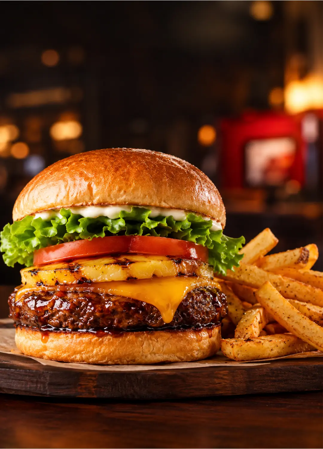 Banzai Burger from Red Robin with teriyaki glaze, grilled pineapple, cheddar and lettuce on a brioche bun