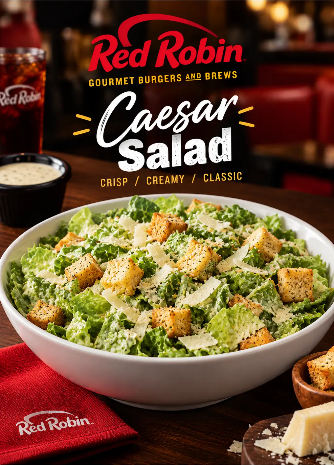 Red Robin Everything Chicken Caesar Salad with grilled chicken, shaved Parmesan and smashed croutons