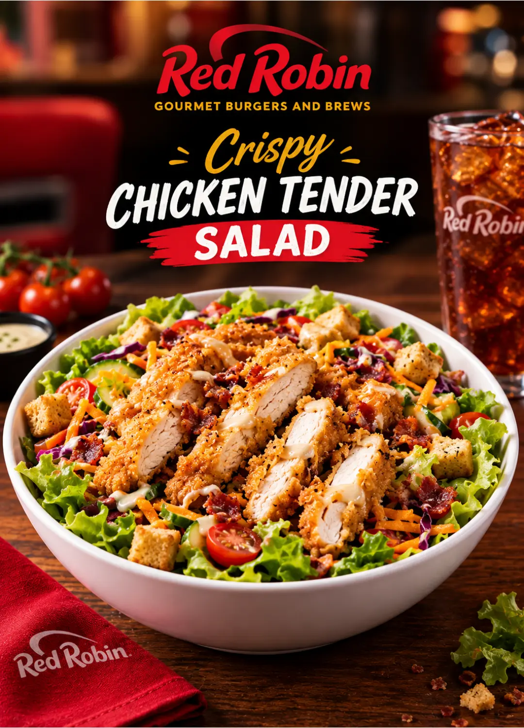 Red Robin Crispy Chicken Tender Salad with crispy chicken, bacon, egg, tomato, and cheddar on mixed greens