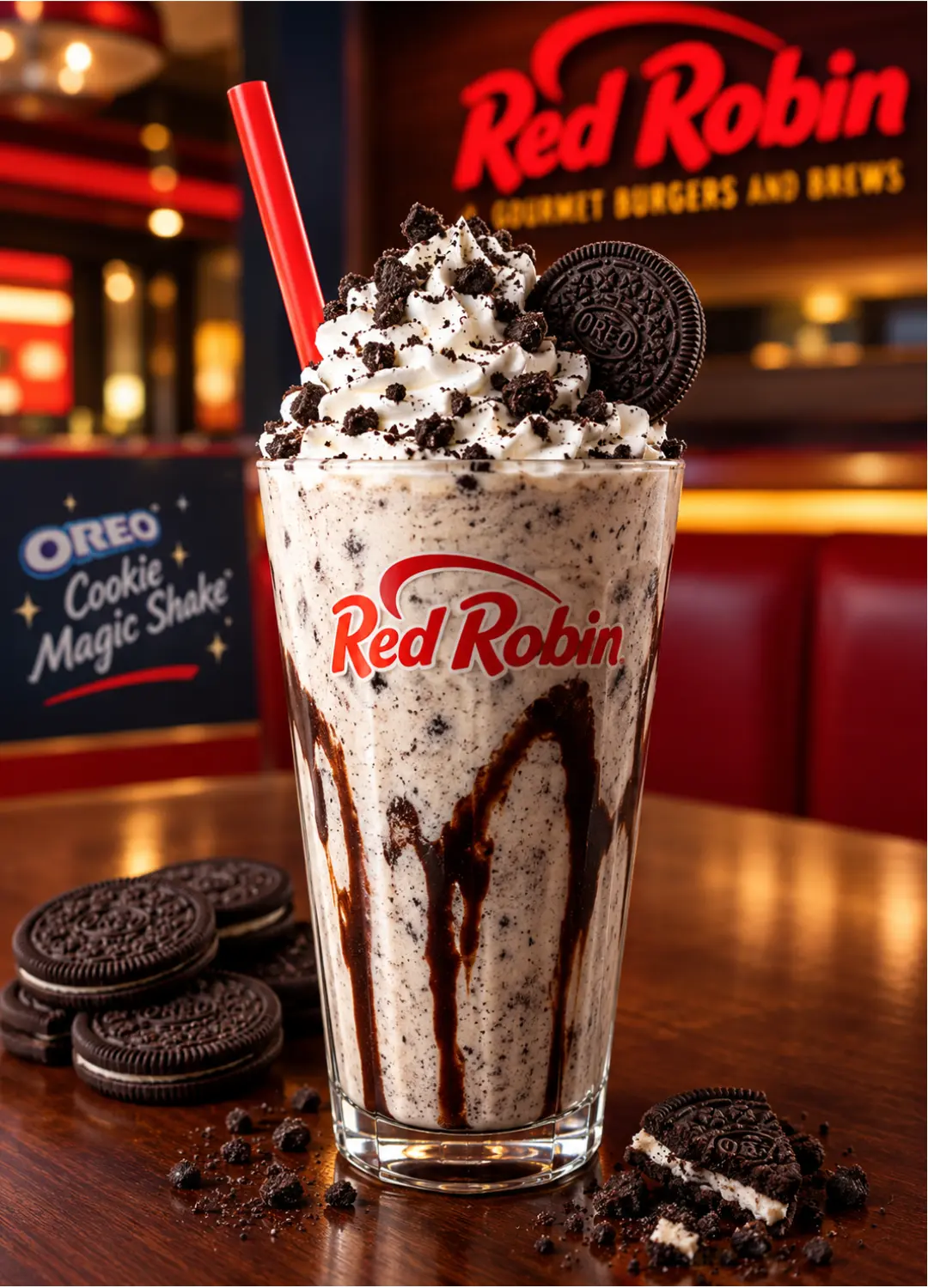 Red Robin Oreo Cookie Magic Shake topped with whipped cream and cookie crumbs
