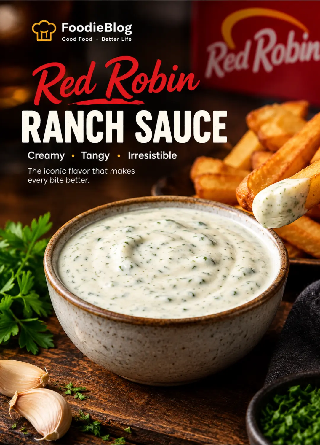 Red Robin Ranch Sauce served in a small dish next to fries