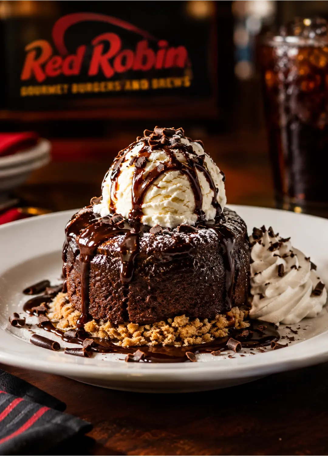 Red Robin Shortbread Chocolate Soufflé Cake with hot fudge and whipped cream